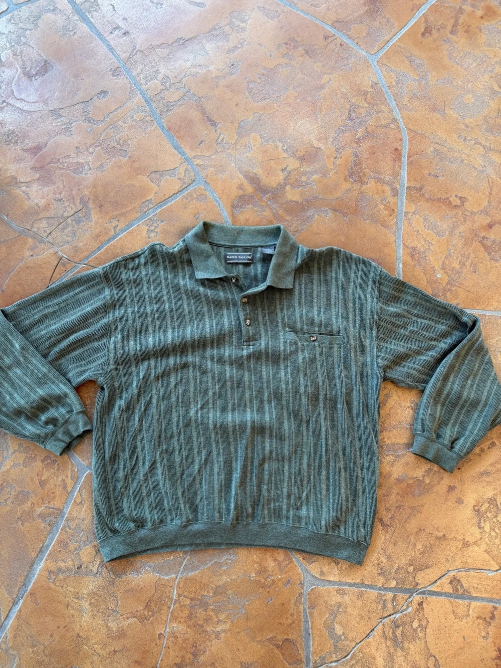 VTG David Taylor Men's Regular Long Sleeve Ribbed Knit Polo Shirt Olive Green-XL